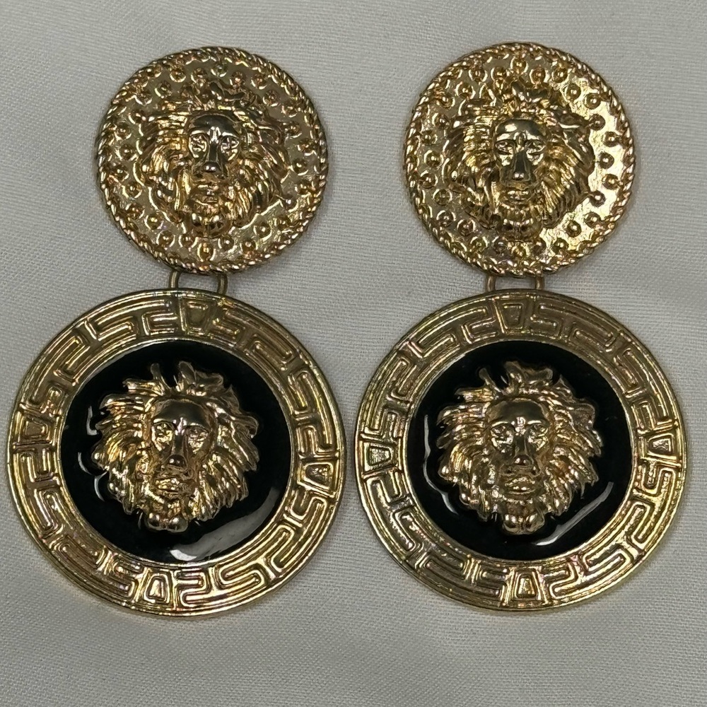 Lion Head Earrings with Greek Key and enameled accents